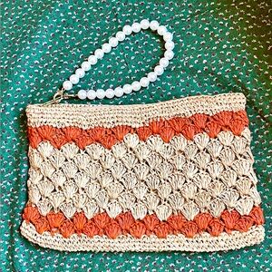 Handcrafted Crochet Wristlet Clutch in Beige and Rust